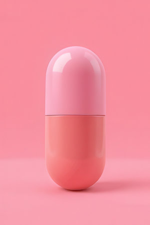 Pink capsule pill on pink background. 3d rendering. Mock up.の素材