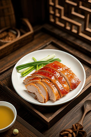 roast duck with soy sauce and vegetables on a wooden tray.の素材