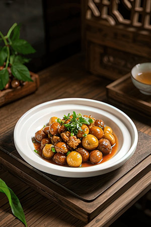 Braised mushrooms in sweet and sour sauce served on a white plateの素材