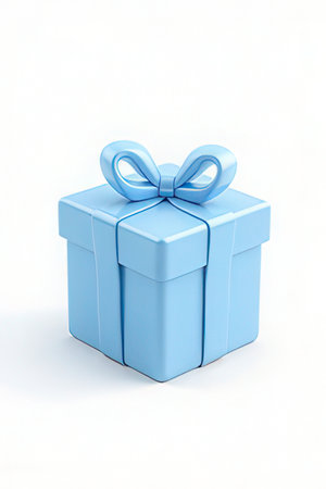 Blue gift box with blue bow isolated on white background. 3d illustrationの素材
