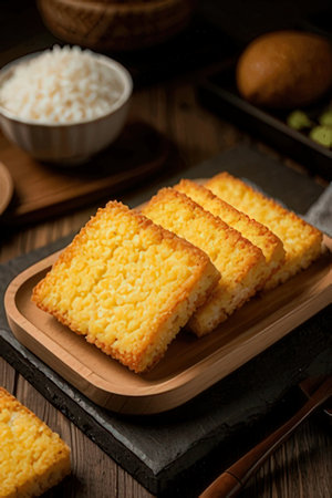 Japanese rice cake on wooden table. Selective focus and shallow depth of field.の素材