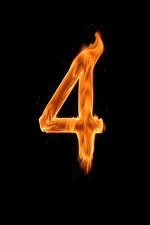 Number four on fire, isolated on black background. Vector illustration.の素材
