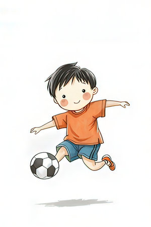 Illustration of a boy playing soccer with a ball on a white backgroundの素材