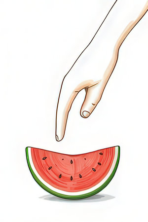 Watermelon slice and human hand on white background. Vector illustration.の素材