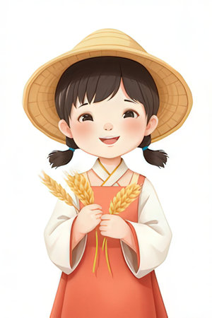 Illustration of a little girl wearing a straw hat and holding wheat earsの素材