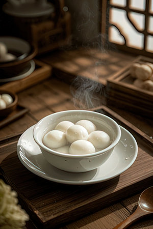 boiled dumplings in a bowl on a wooden table.の素材
