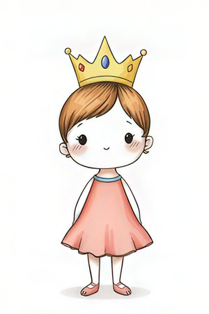 Cute cartoon girl in princess costume with crown. Vector illustration.の素材