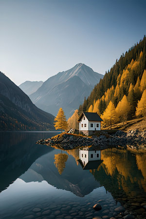 Mountain lake in autumn with small house on the shore at sunsetの素材