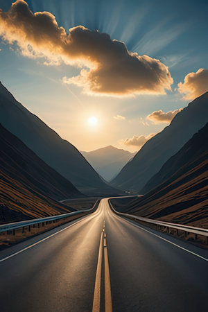 Road in the mountains at sunset. The concept of travel and tourismの素材