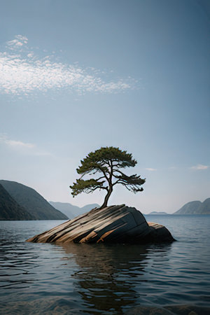 Pine tree on a rock in the sea. Beautiful landscape.の素材