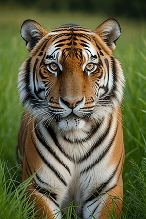 Close-up of a tiger sitting in the grass and looking at the cameraの素材