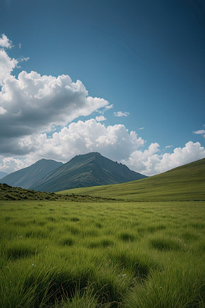 Green grassland in the mountains under blue sky with white clouds.の素材