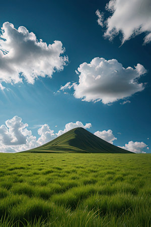 Landscape of green meadow and mountain under blue sky with cloudsの素材