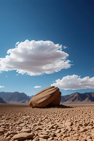 Rock in the middle of the desert with blue sky and white cloudsの素材