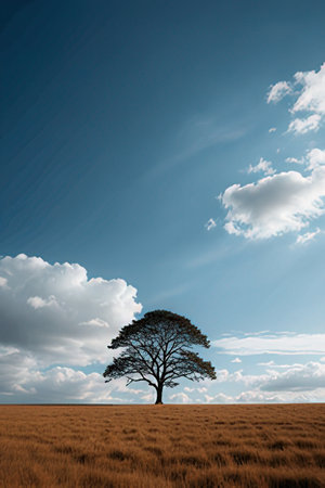 Lonely tree in the field with blue sky and white cloudsの素材