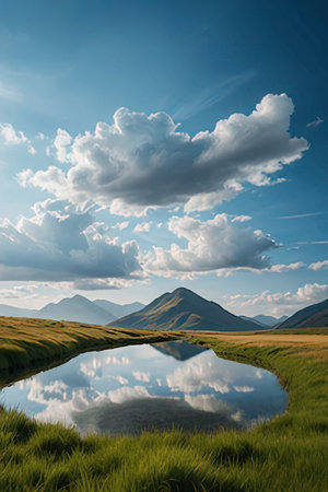 Mountain lake and blue sky with clouds. Landscape photography.の素材