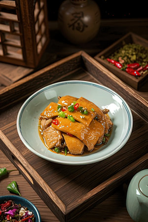 Stir-fried pork with sweet and sour sauce on plateの素材