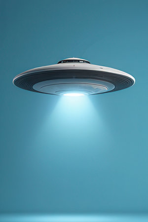 UFO flying over blue wall. 3d render illustration with copy spaceの素材