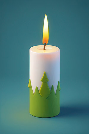 Candle in the shape of a Christmas tree on a blue backgroundの素材