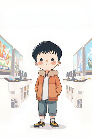 Illustration of a Little Boy Wearing Winter Clothes in the Streetの素材