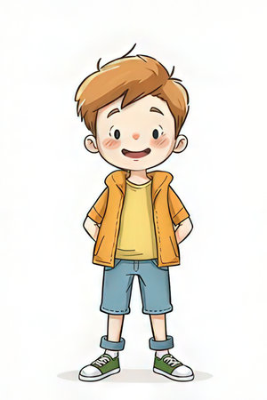 Illustration of a boy standing with his hands in his pockets and smilingの素材