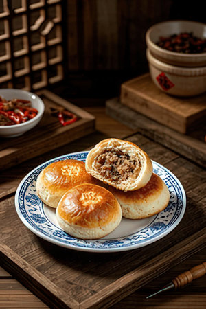 Chinese moon cake with minced meat and dried chillies on wooden backgroundの素材