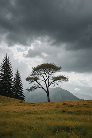 Lonely tree in the meadow with cloudy sky background.の素材