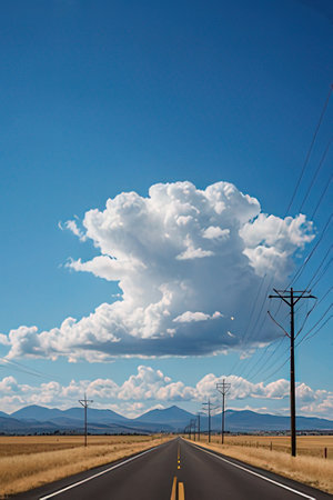 Asphalt road with blue sky and white clouds, rural landscape.の素材