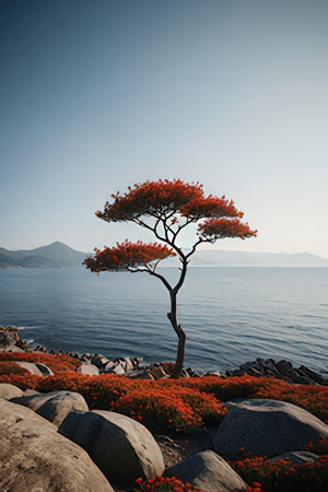 Lonely tree on the coast.の素材