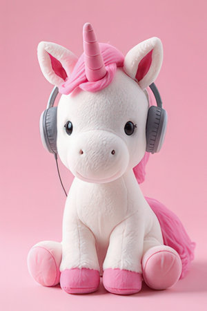 Unicorn doll with headphones on pink background, copy space.の素材