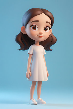 3D Illustration of a Cute Girl in a White Dressの素材