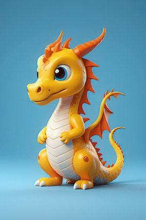 Cute yellow dragon on a blue background. 3d rendering.の素材
