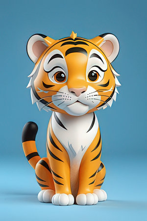Cute cartoon tiger sitting on blue background. 3D rendering.の素材
