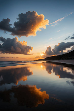 Sunset on the beach with clouds reflected in the water of a long exposureの素材