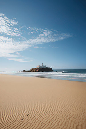 Lighthouse on a sandy beach with a blue sky in the backgroundの素材