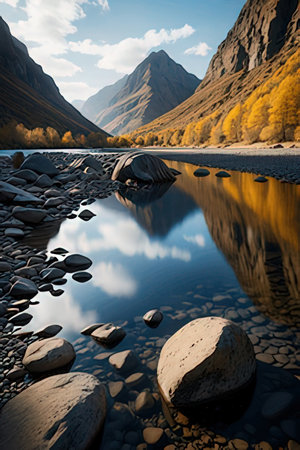 Beautiful autumn mountain landscape with lake and reflection in water, Russia, Siberia, Altai mountainsの素材