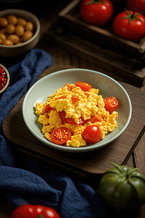 Bowl of scrambled eggs with tomatoes on wooden backgroundの素材