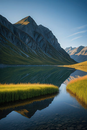 Landscape of mountain range and lake with reflection in the water.の素材