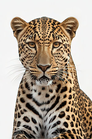 Leopard portrait isolated on white background. Close-up portrait of a leopard.の素材