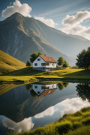 Reflection of a house in a lake with mountains in the backgroundの素材