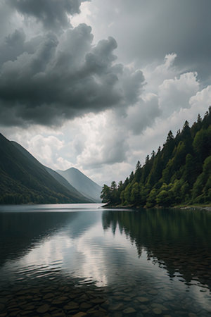 Landscape of mountain lake under cloudy sky with reflection in water.の素材
