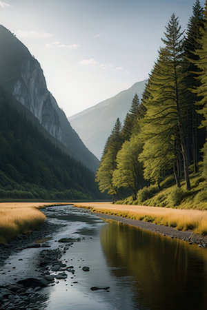 Landscape view of the river in the mountains. Beautiful nature.の素材