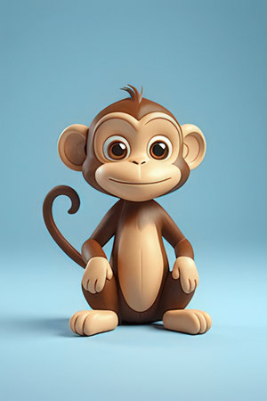 Cute cartoon monkey sitting on blue background. 3D illustration.の素材