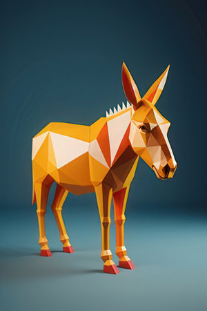 Origami paper donkey on blue background. 3d render illustration.の素材