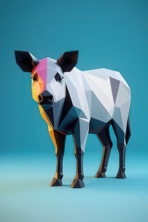 Polygonal origami pig on blue background. 3d illustrationの素材