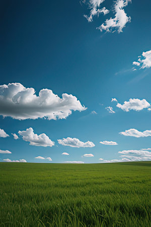 Green field and blue sky with white clouds. Nature background. Landscape.の素材