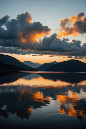 Mountain lake at sunset. Dramatic sky with glowing clouds reflected in calm water.の素材