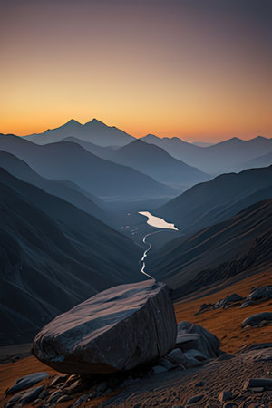 Mountain landscape at sunset. Panoramic view of the valley.の素材