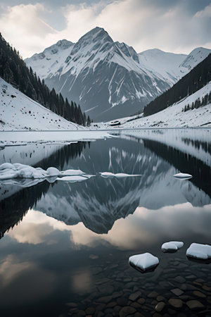 Mountain lake in winter with snow and reflection in the water.の素材