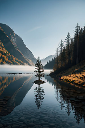 Foggy lake with a fir tree in the foreground, 3d renderの素材